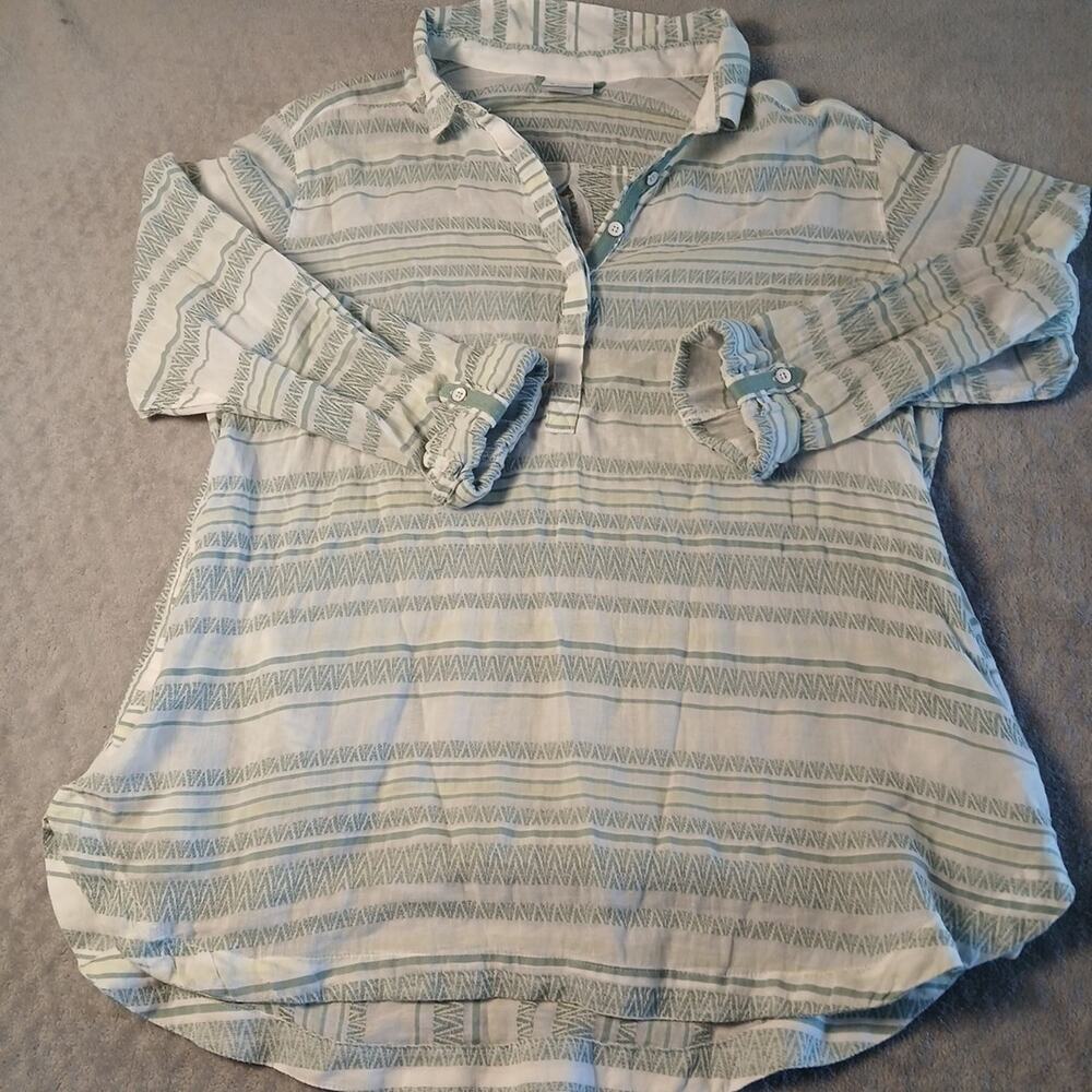 Colombia Womens Tunic Size XL Green Striped Roll Tab Sleeves Pockets Lightweight